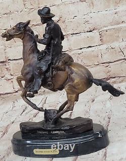 Bronze Statue Signée Remington Cowboy Charge Marbre Base Sculpture Figurine