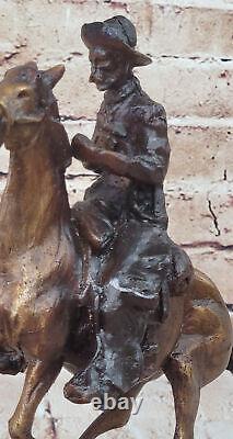 Bronze Statue Signée Remington Cowboy Charge Marbre Base Sculpture Figurine