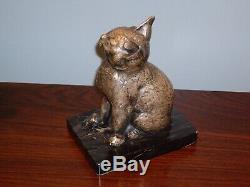 Bronze argenté félin chat sur socle en marbre signé Rischmann Art Déco