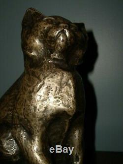 Bronze argenté félin chat sur socle en marbre signé Rischmann Art Déco