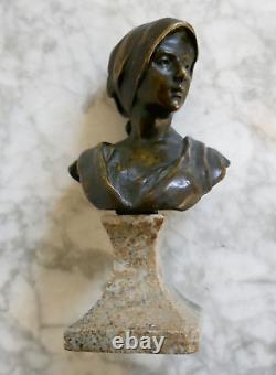 Buste En Bronze Signe Jeanne Chateignon (1876 1950) Socle Marbre Gris