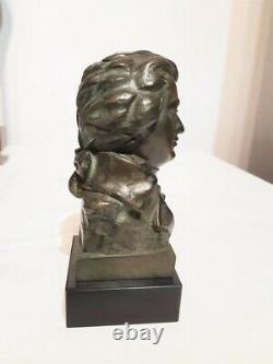 Buste en bronze probablement de Mozart signé X Ranel, socle marbre noir