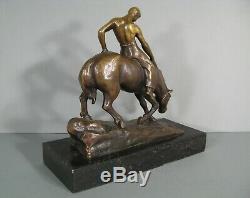 Cavalier A Cru Cheval Homme Equitation Sculpture Bronze Ancien Signé Gerd Jaeger