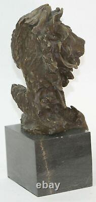 Chaud Fonte Sculpture Signé Bronze Royal Lion Tête Buste Marbre Base Statue