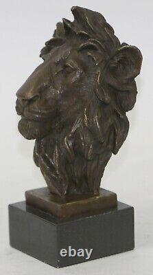 Chaud Fonte Sculpture Signé Bronze Royal Lion Tête Statue Buste Marbre Base