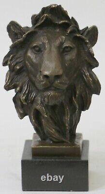 Chaud Fonte Sculpture Signé Bronze Royal Lion Tête Statue Buste Marbre Base