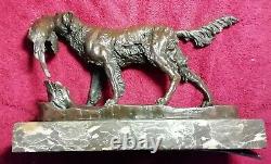 Chien Épagneul Chasse Bronze Marbre Signé JULES MOIGNIEZ XIXème 4,8kg Collection