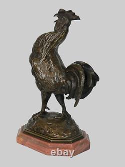 Coq En Bronze Patine Brune Sur Socle Marbre Signé D Alfred Barye 1839 / 1895