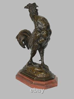 Coq En Bronze Patine Brune Sur Socle Marbre Signé D Alfred Barye 1839 / 1895