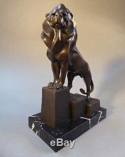 Dans Style de Art Déco Figure Bronze Animal Lion Marbre Signé Milo 32 cm Haute