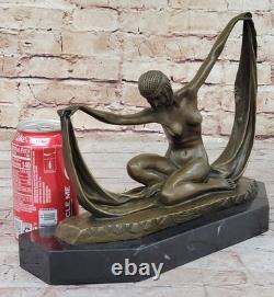 Écharpe Danseuse Nu Bronze Art Déco Signée Mirval Sculpture Statue Marbre