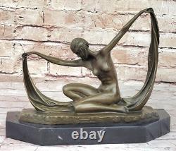 Écharpe Danseuse Nu Bronze Art Déco Signée Mirval Sculpture Statue Marbre