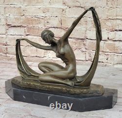Écharpe Danseuse Nu Bronze Art Déco Signée Mirval Sculpture Statue Marbre