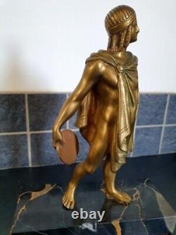 Edouard Drouot Sculpture en bronze doré Athlète drapé au disque discobole marbre