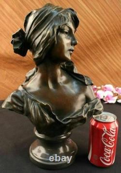 Élégante Statue En Bronze Et Marbre Signée Par Milo, Buste Nu Féminin