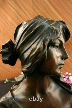 Élégante Statue En Bronze Et Marbre Signée Par Milo, Buste Nu Féminin