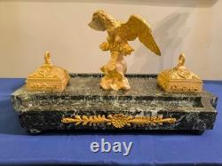 Encrier à l'Aigle impériale à Godets en Bronzes dorés, Marbre Vert Signé Pinèdo