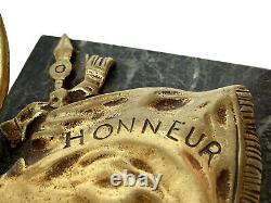 Encrier en Bronze & Marbre Signé Casque Adrian Poilu Guerre WW1 Antique Inkwell