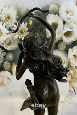 Énorme 48cm Art Déco Bronze Diana The Huntress avec Noeud Signé Marbre Base