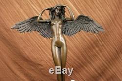Énorme Chair Femme Ange Bronze Sculpture Signé Par Weinman Marbre Statue Base