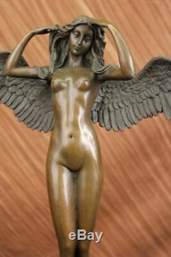 Énorme Chair Femme Ange Bronze Sculpture Signé Par Weinman Marbre Statue Base