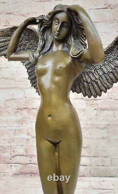 Énorme Chair Femme Ange Bronze Sculpture Signé Par Weinman Marbre Statue Socle