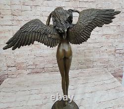 Énorme Chair Femme Ange Bronze Sculpture Signé Par Weinman Marbre Statue Socle