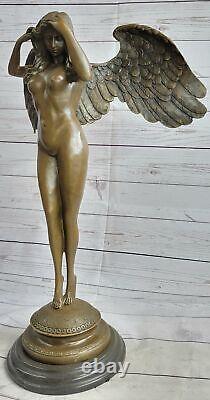 Énorme Chair Femme Ange Bronze Statue Signé Par Weinman Marbre Sculpture Deco