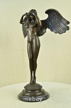 Énorme Chair Femme Ange Bronze Statue Signé Par Weinman Marbre Sculpture Déco