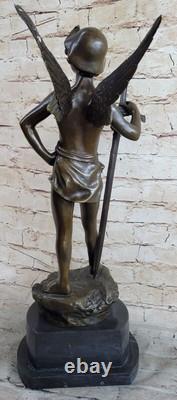 Énorme Chair Homme Ange Bronze Sculpture Signé Par Debut Marbre Statue Socle