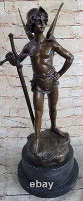 Énorme Chair Homme Ange Bronze Sculpture Signé Par Debut Marbre Statue Socle