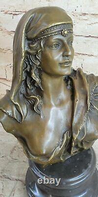 Érotique Sensuelle Nu Femelle Femme Buste Signé Bronze Marbre Statue Sculpture D