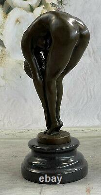 Érotique Sensuelle Nu Femelle Femme Signée Bronze Marbre Statue Sexy
