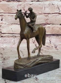 Fait Bronze Sculpture Solde Anime Marbre Cheval Avec Jockey Original Signé
