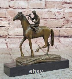 Fait Bronze Sculpture Solde Anime Marbre Cheval Avec Jockey Original Signé