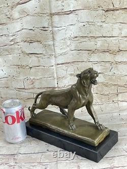 Fait Bronze Sculpture Solde Marbre Deco Art Lion Femelle Lecourtier Signée
