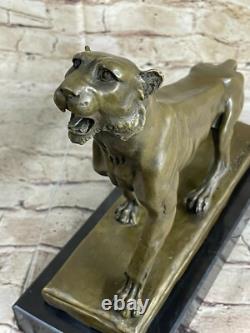 Fait Bronze Sculpture Solde Marbre Deco Art Lion Femelle Lecourtier Signée