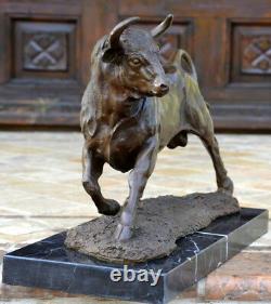Fait Main Bronze Skulptur-Bronze Taureau Signé A. L. Barye Sur Base en Marbre