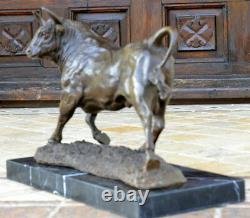 Fait Main Bronze Skulptur-Bronze Taureau Signé A. L. Barye Sur Base en Marbre