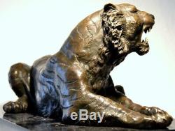Fait Main Figure en Bronze Tigre en Bronze sur Base en Marbre Signé Barye