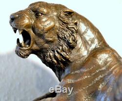 Fait Main Figure en Bronze Tigre en Bronze sur Base en Marbre Signé Barye