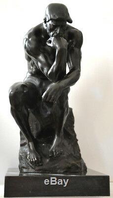 Fait Main Grand Sculpture en Bronze Penseur Signé Rodin sur Plaque de Marbre