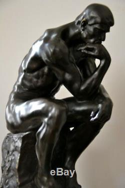 Fait Main Grand Sculpture en Bronze Penseur Signé Rodin sur Plaque de Marbre