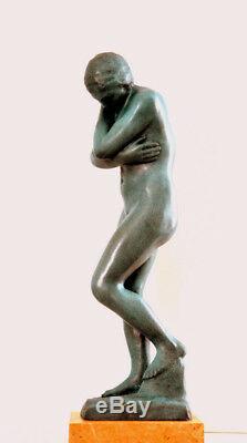 Fait Main Sculpture en Bronze Nu Eva Signé A. Rodin sur Plaque de Marbre