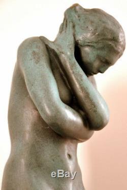 Fait Main Sculpture en Bronze Nu Eva Signé A. Rodin sur Plaque de Marbre