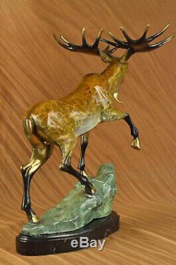 Fait à la Main Signé Original Moose Faune Bronze Sculpture Marbre Base Figurine