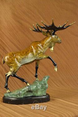 Fait à la Main Signé Original Moose Faune Bronze Sculpture Marbre Base Figurine