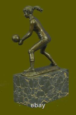 Femelle Volley-Ball Lecteur Bronze Sculpture Signé Olympic Marbre Figurine Sport