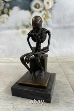Figurine En Marbre Penseur Squelette En Bronze Massif Signée Milo, Art Moderne