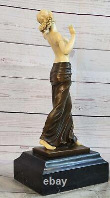 Fin Art Déco Bronze Marbre Sculpture Chair Fille Signée Statue Figurine Main À